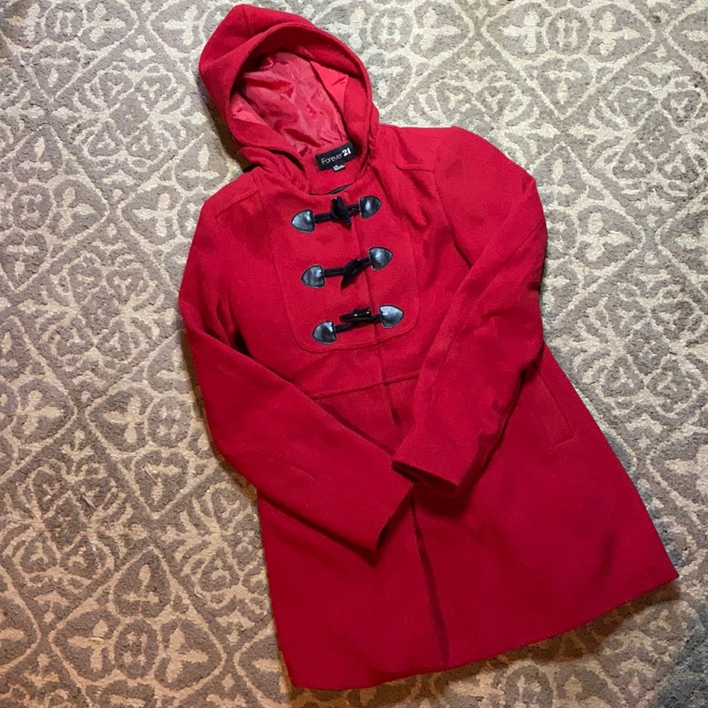 Forever 21 red hooded coat beautiful! Pea coat